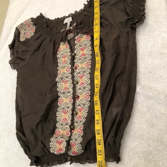 Joie Brown Embroidered Wooden Buttons Silk Blend Short Sleeve Blouse Top Small - Picture 11 of 16